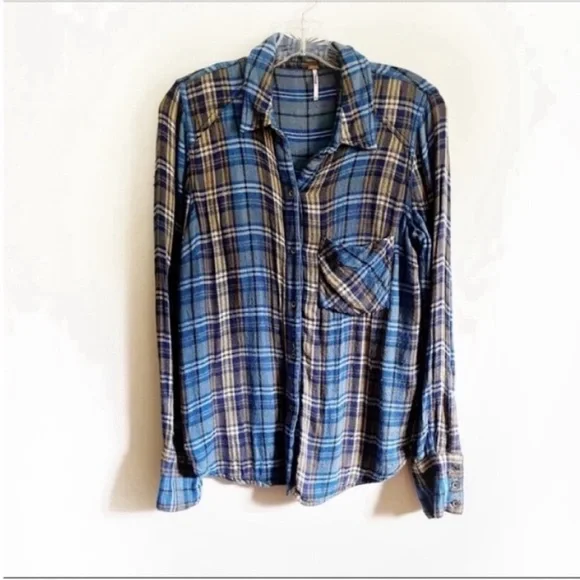 Free People Joplin shirt blue plaid button down flannel long sleeves - Picture 2 of 9